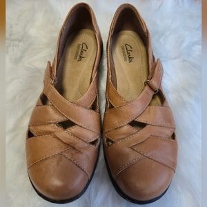 Clarks Tan Loafers with Woven Leather Design